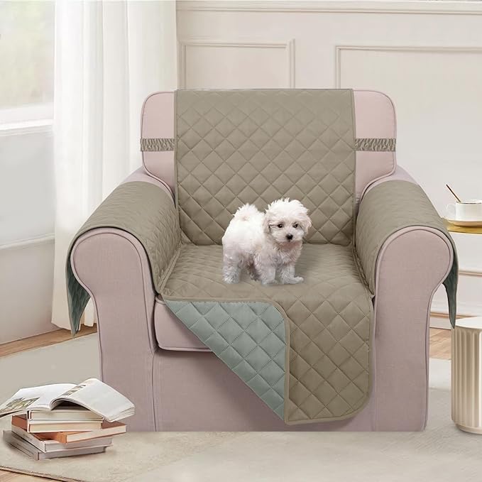 U-NICE HOME Reversible Oversized Chair Covers Quilted Water Repellent Pet Protectors with Elastic Straps(28''Armchair, Khaki/Light Grey)