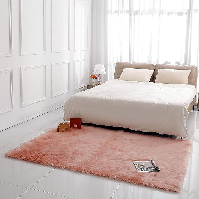 linmopm Faux Fur Rug Sheepskin Shag Fluffy Fuzzy 5x7 ft Pink Rugs for Bedroom Bedside Bed Floor Living Room Plush Rectangle High-Density Cushion Carpet Super Sofa Cover