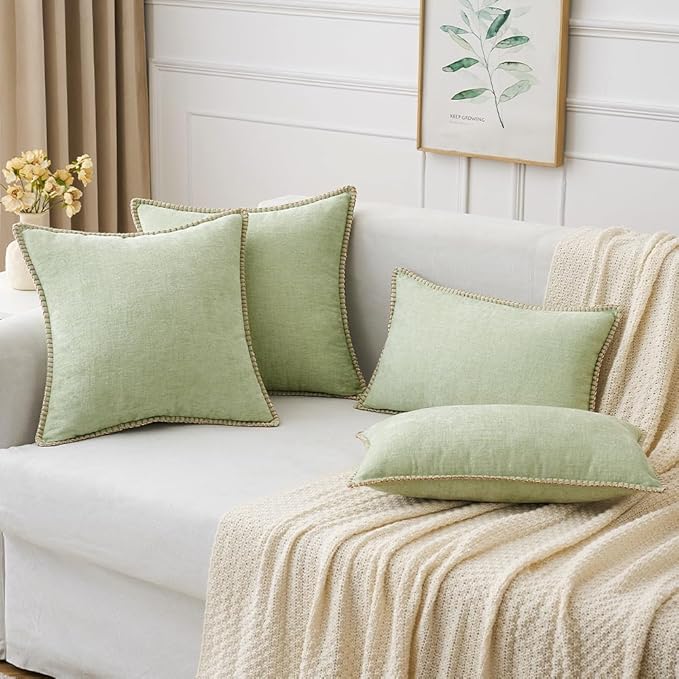 MIULEE Pack of 2 Couch Throw Pillow Covers 16x16 Inch Light Green Farmhouse Decorative Pillow Covers with Stitched Edge Soft Chenille Solid Dyed Spring Pillow Covers for Sofa Bed Living Room
