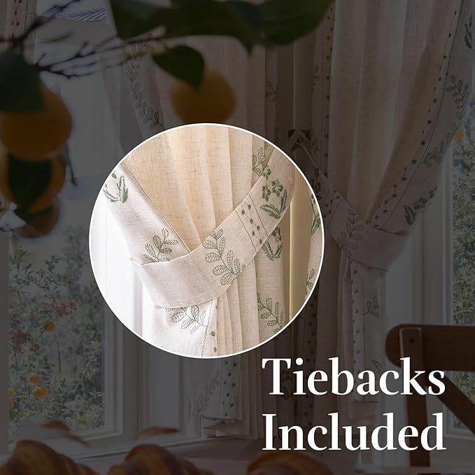 jinchan Belrose Linen Floral Cafe Curtains 45 Inch Length Embroidered Farmhouse Curtains for Kitchen Bedroom Bathroom Small Windows Curtain Set Light Filtering 2 Panels Sage Green