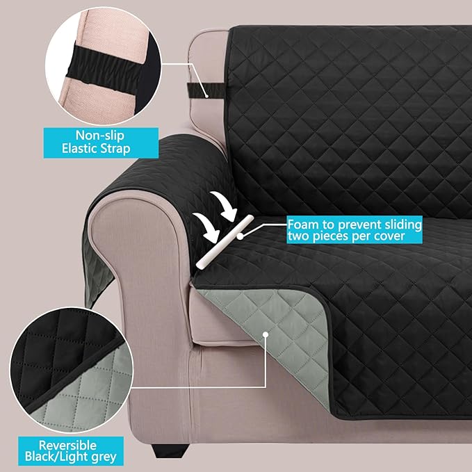 U-NICE HOME Recliner Chair Covers Reversible Chair Cover for Dogs with Elastic Straps Water Resistant Diamond Quilted (23''Armchair, Black/Grey)