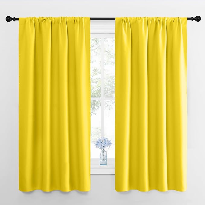 NICETOWN Bright Yellow Blackout Curtains 63 inches Long for Living Room, Darkening Window Curtain Panels, Easy-Care Solid Thermal Insulated Draperies/Drapes for Daughter Room
