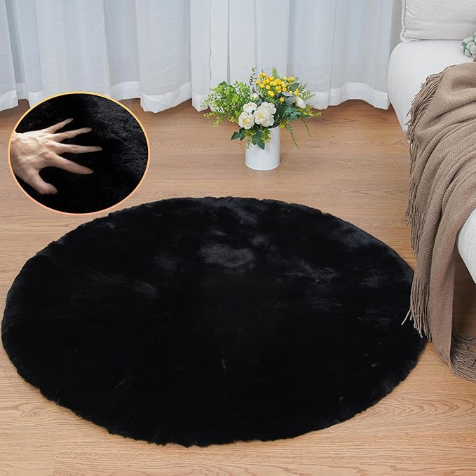 ORINOVA Black Round Plush Rugs for Bedroom Faux Bunny Fuzzy Washable Fur Area Rugs for Living Room Small Circle Nursery Rug 4ft Cute Room Décor