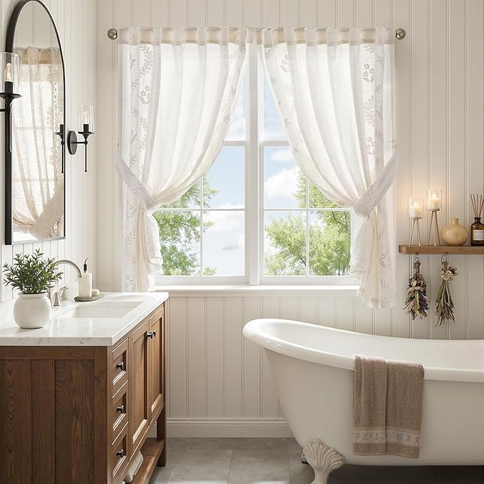 jinchan Belrose Linen Floral Cafe Curtains 54 Inch Length Embroidered Farmhouse Curtains for Kitchen Bedroom Bathroom Small Windows Curtain Set Light Filtering 2 Panels White
