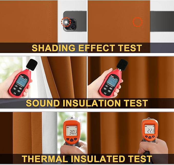 Yakamok 100% Blackout Curtain Panels 63 inches Cold and Light Blocking Drapes for Nursery, 2 Thick Layers Thermal Insulated Draperies (2 Pieces, 50 Wide Each Panel, Burnt Orange/White Backing)