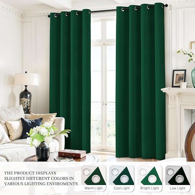 Yakamok 100% Blackout Curtains Dark Green Room Darkening Thermal Insulated with 2 Thick Layers-Hunter Green Window Drapes Set of 2 Panels for Bedroom Living Room 52 Inches by 96 Inches Length