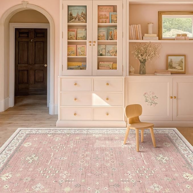 Washable 8x10 Blush Pink Rug for Bedroom Girls Dorm, Floral Retro Living Room Rugs, Soft Thin Low Pile Non Slip Stain Resistant Carpet