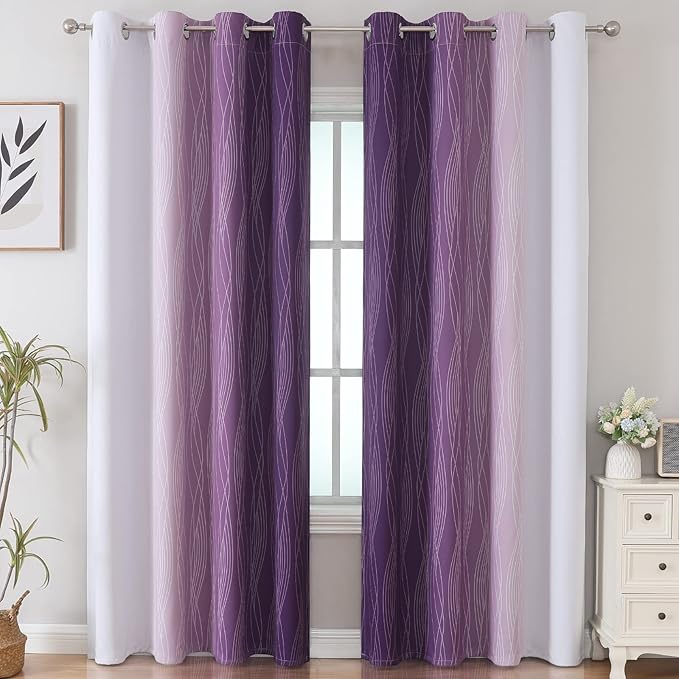 Estelar Textiler Purple and Greyish White Ombre Blackout Curtains 84 Inches Long, Full Room Darkening Grommet Curtains for Bedroom, Thermal Insulated Blackout Drapes for Living Room, 52Wx84L, 2 Panels