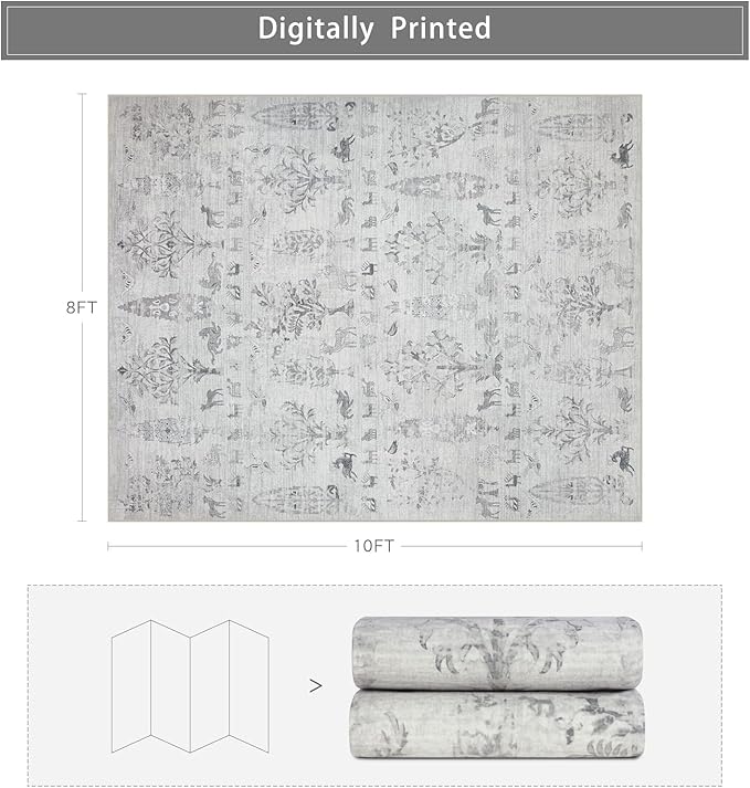 Washable Rugs 8x10 Area Rugs for Living Room,Bedroom,Dining Room- Large Ultra Soft Faux Wool Retro Carpet,Non Slip&Non-Shedding Low Pile Vintage Rug for Home Office Dorm Playroom-Tree Gray
