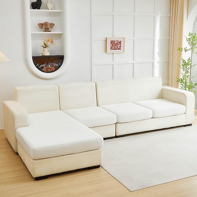 Sofa Covers Couch Covers for Sofa Pet Friendly Couch Cushion Covers Universal Sofa Covers Washable Stretch Slipcovers for Sectional Sofa (Texture Ivory White,Back Cover L)