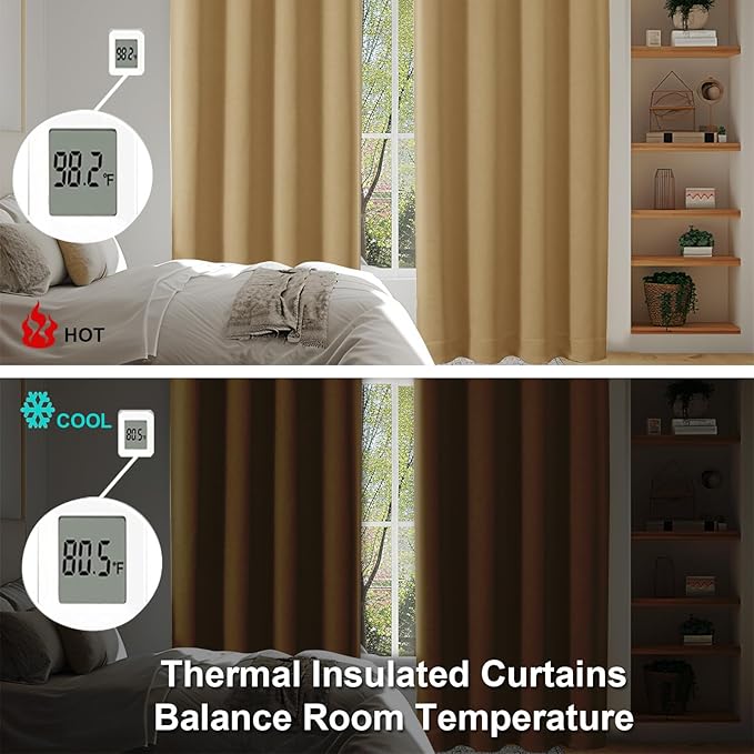 Simplebrand Ava Gold Short Blackout Curtains for Bedroom 45 Inches Long 2 Panels Set, Solid Thermal Insulated, Energy Saving Window Treatment Curtains Blackout Drapes, W40 x L45 Inch, Gold