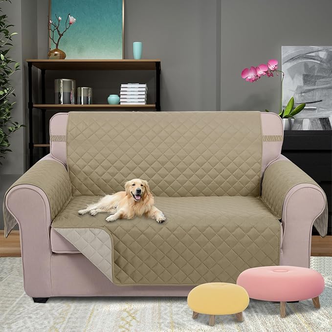 U-NICE HOME Loveseat Sofa Cover Reversible Couch Cover for Dogs with Elastic Straps Water Resistant Furniture Protector for Pets Couch Cover for 2 Cushion Couch (Loveseat, Light Camel/Beige)