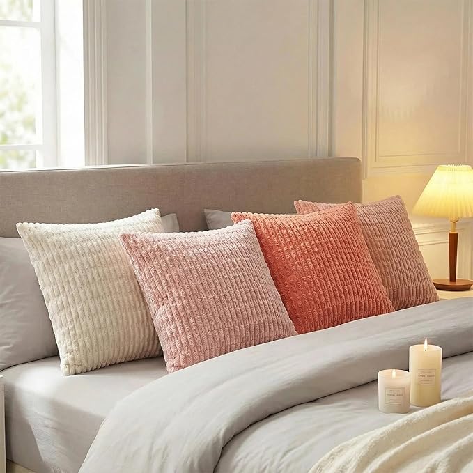Fancy Homi 4 Packs Boho Blush Pink Big Decorative Throw Pillow Covers 24x24 Inch for Living Room Couch, Soft Plush Striped Corduroy Square Light Pink Coral Peach Cream Colorful Cushion Case 60x60 cm