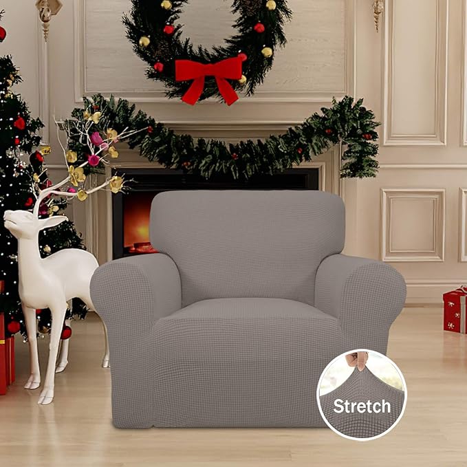 Easy-Going Stretch Chair Sofa Slipcover 1-Piece Couch Sofa Cover Furniture Protector Soft with Elastic Bottom for Kids, Pet. Spandex Jacquard Fabric Small Checks (Chair, Taupe)