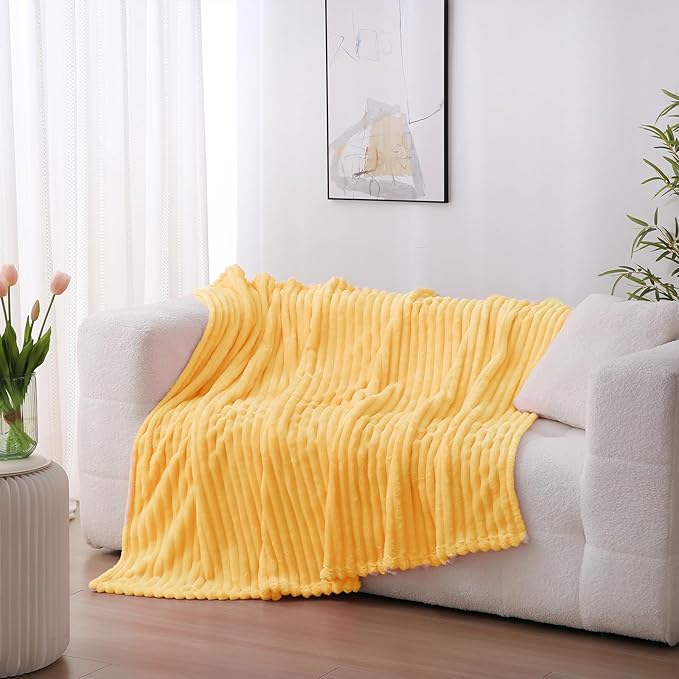 Light Yellow Fleece Throw Blanket 50”×60” for Couch Sofa Bed,Super Soft Cozy Plush Microfiber Flannel Blanket with Stripes Design Lightweight for Adults Woman Girls