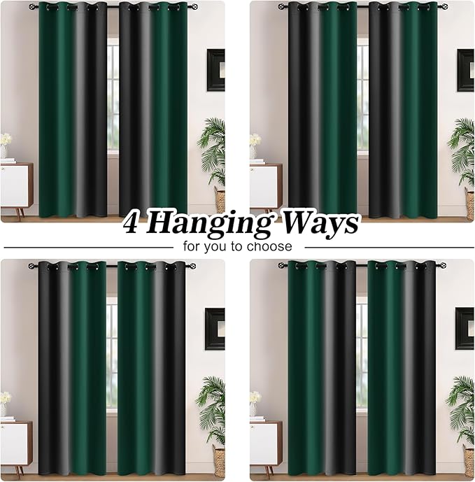 Yakamok Blackout Ombre Dark Green and Black Curtains-Gradient Room Darkening Curtain, Grommet Thermal Insulated Light Blocking Window Drapes Curtain for Living Room Bedroom,52 x 54 Inch,2 Panels