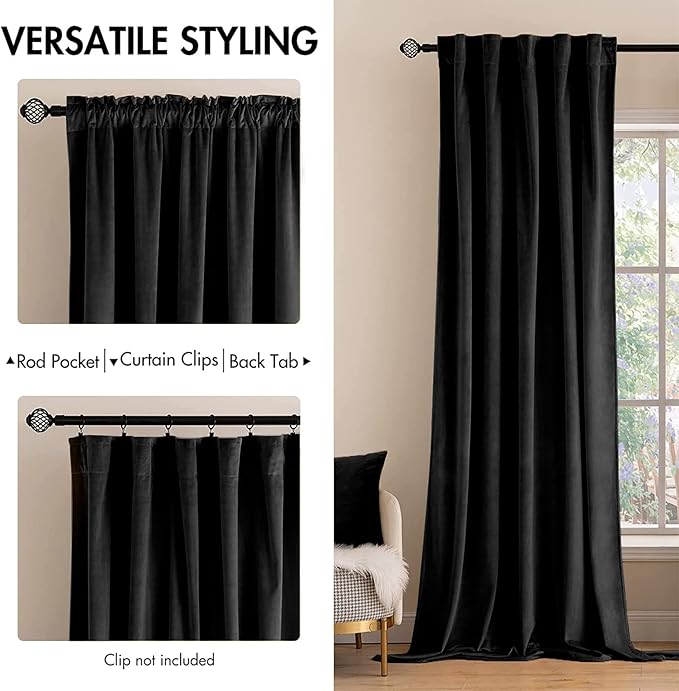 MIULEE Black Velvet Curtains 108 inches Long 2 Panels - Luxury Blackout Curtains for Bedroom Living Room Thermal Insulated Halloween Decorations Decor Super Soft Window Drapes Rod Pocket & Back Tab