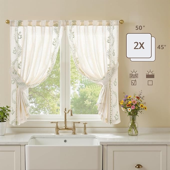 jinchan Belrose Linen Floral Cafe Curtains 45 Inch Length Embroidered Farmhouse Curtains for Kitchen Bedroom Bathroom Small Windows Curtain Set Light Filtering 2 Panels Sage Green