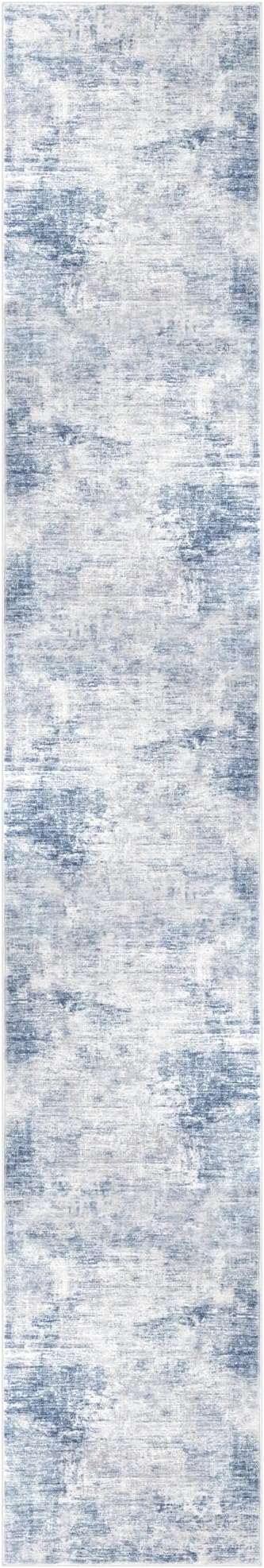 IOHOUZE Abstract Runner Rug 3x16 Ft Washable Runners for Hallways, Non Slip Kitchen Runner Printed Faux Wool Entryway Runner Indoor, Modern Abstract Floor Carpet for Hall Stair, Light Blue Grey