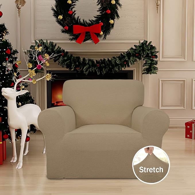 Easy-Going Stretch Chair Sofa Slipcover 1-Piece Couch Sofa Cover Furniture Protector Soft with Elastic Bottom for Kids, Pet. Spandex Jacquard Fabric Small Checks (Chair, Tan)