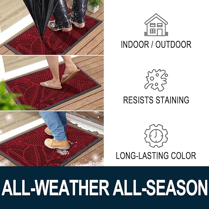 Colorxy Waterproof Doormat, Sturdy Natural Rubber Front Indoor Mat, Non Slip Low Profile Indoor Outdoor Door Mats, Stain and Fade Resistant Floor Mat, Easy Clean Patio Entry Mat, 47''x17'', Burgundy