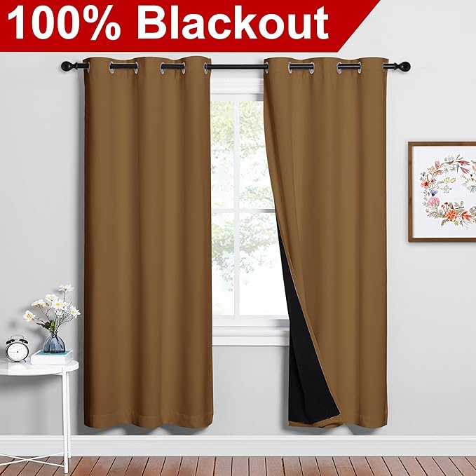 NICETOWN Full Shade Curtain Panels, 37" Wide x 70" Long, Gold Brown, Pair of Thermal Insulated & Energy Efficiency Blackout Drapes for Living Room, Lined Silky Performance Window Dressing