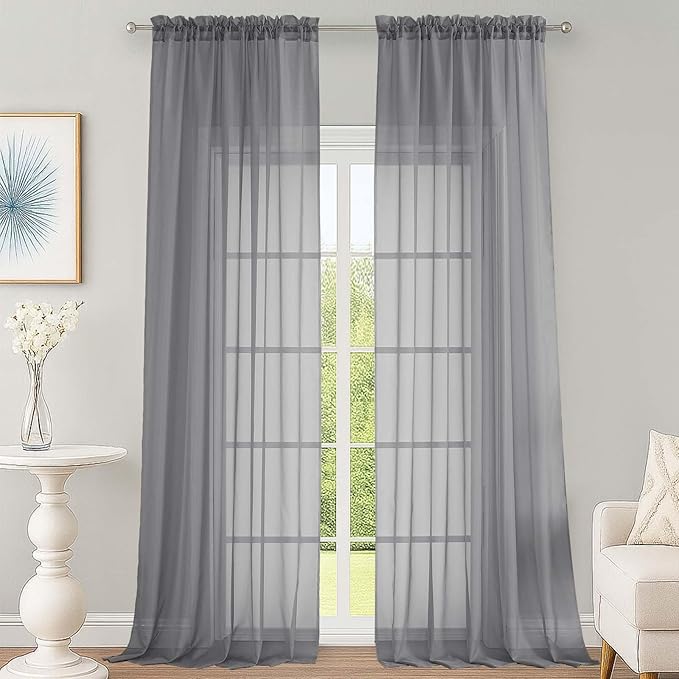 OWENIE Grey Sheer Curtains 120 Inches Long 2 Panels Set, Airy Lightweight Sheer Grey Curtains for Living Room Bedroom, Farmhouse Voile Filmy Rod Pocket Curtains Drapes, 2 Pcs, Each 59" Wx120 L Inch