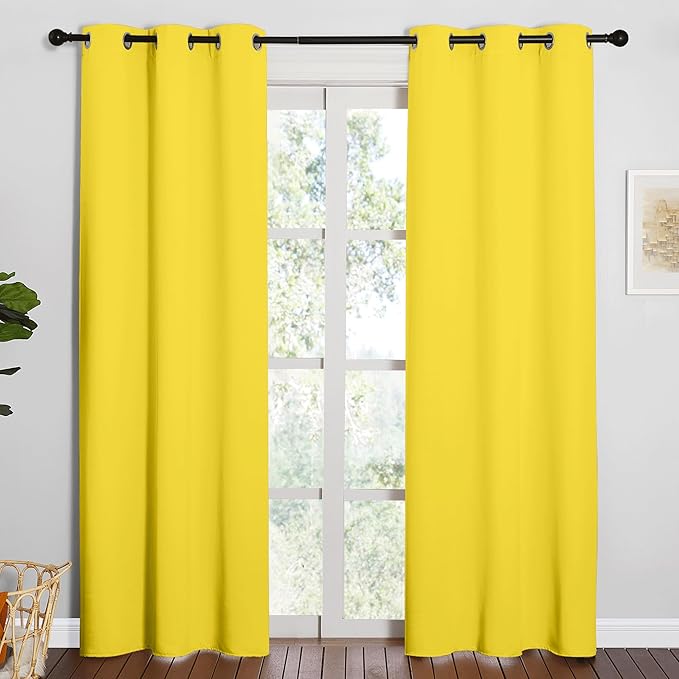 NICETOWN 84 inches Curtains for Office and Theater, Thermal Insulated Solid Grommet Drapes for Living Room (Bright Yellow, 1 Pair, 42 inches Wide)