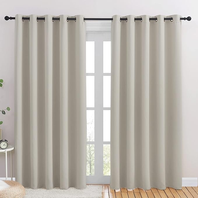 NICETOWN Blackout Draperies Curtains for Kids Room, Window Treatment Thermal Insulated Solid Grommet Blackout Drape Panels for Bedroom (Natural, Set of 2, 70 by 84 inches)