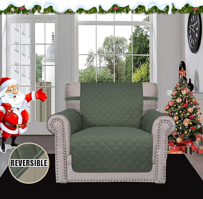 Easy-Going Chair Sofa Slipcover Reversible Sofa Cover Water Resistant Couch Cover Furniture Protector Cover with Elastic Straps for Pets Kids Children Dog Cat (Chair, Greyish Green/Beige)