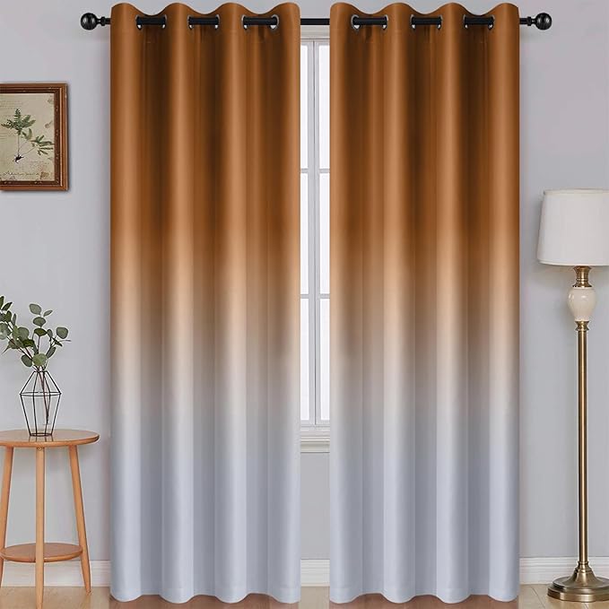 SimpleHome Ombre Room Darkening Curtains for Living Room, Light Blocking Burnt Orange to Grey White Thick Thermal Insulated Grommet Window Curtains Drapes for Bedroom, 2 Panels, 52x96 inches Length