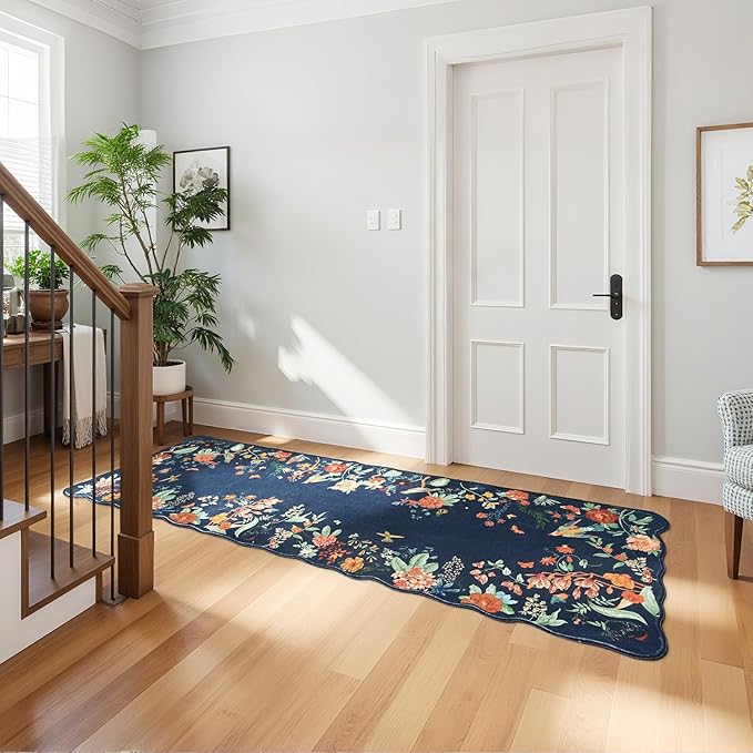 Rugflix 2x6 Runner Rug for Hallway, Washable Kitchen Runner Non Slip, Soft Low Pile Entryway Carpet, Vintage Floral Stain Resistant Long Laundry Room Rugs for Bedroom, Stairs