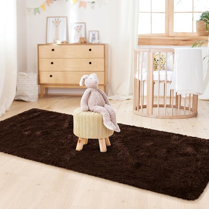 LOCHAS Ultra Soft Indoor Modern Area Rugs 2x6, Fluffy Living Room Carpets for Children Bedroom Home Decor Nursery Rug, Brown