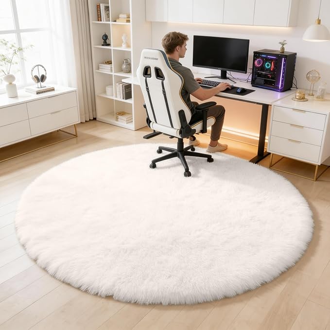OLANLY Ivory Round Rugs for Bedroom - Machine Washable, 6 ft Circle Area Rugs for Living Room, Soft and Fluffy Shaggy Carpet for Teen Girls and Boys, Nursery Rooms, Dorms, Home Decor Aesthetic