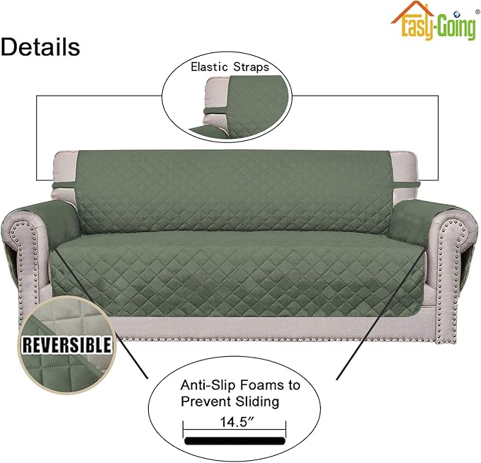 Easy-Going Sofa Slipcover Reversible Loveseat Sofa Cover Couch Cover for 2 Cushion Couch Furniture Protector with Elastic Straps for Pets Kids Dog Cat (Oversized Loveseat, Greyish Green/Beige)