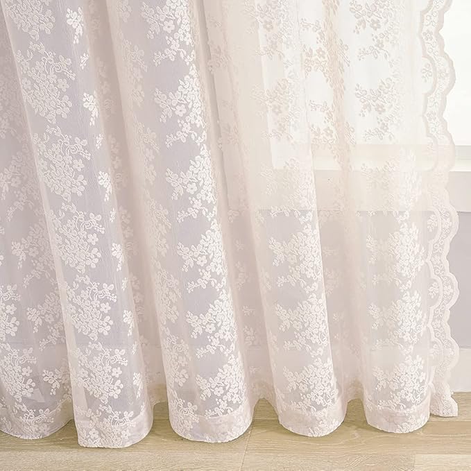 YJ YANJUN Vintage Lace Curtains 63 Inch Length 2 Panels Set Cute Floral Designs Dusty Pink Sheer Curtain Panels for Girls Bedroom with Wavy Edge Rod Pocket, 52 x 63 Inch, Blush Pink