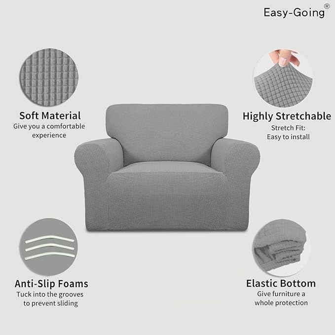 Easy-Going Stretch Oversized Chair Sofa Slipcover 1-Piece Couch Sofa Cover Furniture Protector Soft with Elastic Bottom for Kids Spandex Jacquard Fabric Small Checks Light Gray
