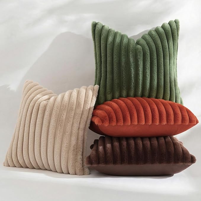 decorUhome Cozy Faux Fur Throw Pillow Covers 22x22 Set of 2 Decorative Soft Plush Striped Modern Farmhouse Boho Couch Euro Sham Pillow Cases with Velvet Back for Sofa Bed Living Room, Khaki Brown