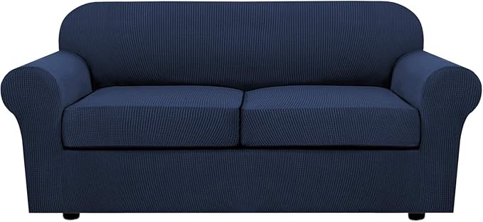 H.VERSAILTEX 3 Piece Stretch Sofa Covers for 2 Cushion Sofa Couch Covers for Living Room Sofa Slipcovers (Base Cover Plus 2 Seat Cushion Covers) Thicker Jacquard Fabric(Large Sofa, Navy)