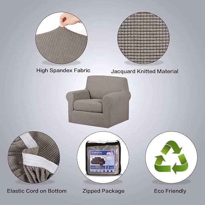 H.VERSAILTEX Stretch Chair Slipcovers 2 Pieces Armchair Cover Furniture Protector Chair Covers for Living Room Fit Chair Width Up to 47 Inches, Jacquard Spandex High Spandex Fabric(Chair, Taupe)