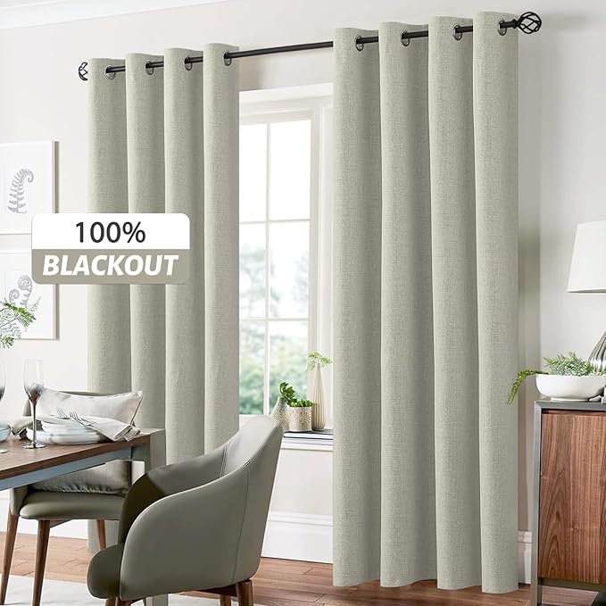 Yakamok Cream Linen Curtains 100% Blackout 96 Inches Long,Room Darkening Textured Curtains for Living Room Thermal Grommet Bedroom Curtain 2 Panels with Greyish White Liner