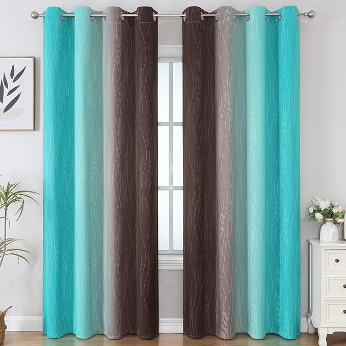Estelar Textiler Ombre Blackout Curtains 102 Inches Long 2 Panels Set, Brown and Teal Thermal Insulated Drapes for Bedroom, Full Room Darkening Grommet Curtains for Living Room, 52Wx102L