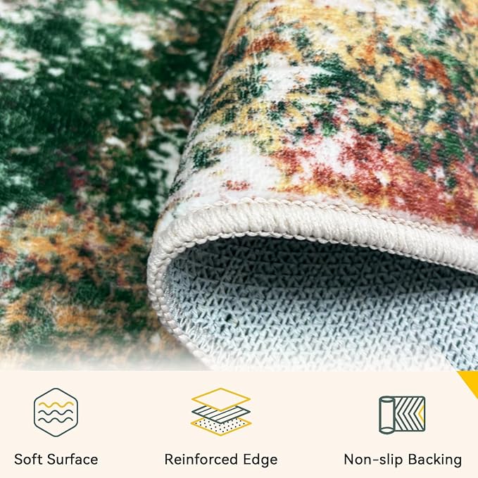 Washable Area Rugs 2'x3' Non-Slip Modern Abstract Soft for Living Room Entryway Bedroom Nursery, Print Pattern, Green Orange Rust Red Cream Colorful