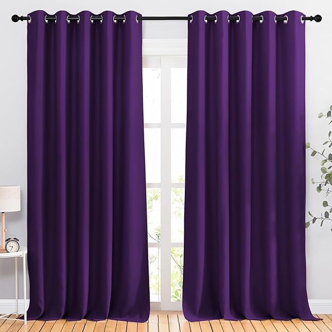 NICETOWN Kitchen Blackout Curtains and Drapes - Triple Weave Energy Saving Thermal Insulated Solid Grommet Blackout Panels for Patio (1 Pair, 66 inches by 90 Inch, Royal Purple)