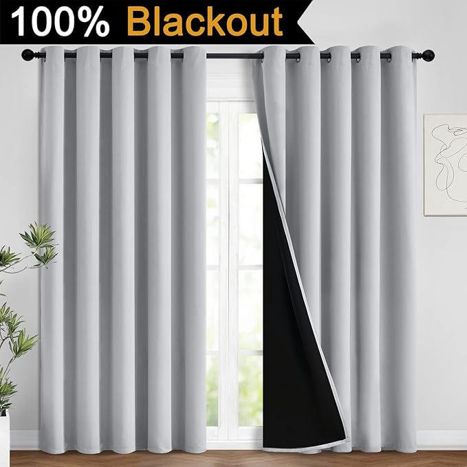Yakamok 100% Blackout Lined Panels, Room Darkening Thermal Insulated Blackout Curtains for Bedroom, Heat Blocking Drapes for Living Room(62Wx84L, Light Grey, 2 Panels)