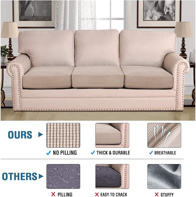 H.VERSAILTEX Super Stretch Individual Seat Cushion Covers Sofa Covers Couch Cushion Cover Slipcover Sets Thick Jacquard Textured Twill Fabric (3 Piece XL Sofa Cushion Covers, Sand)