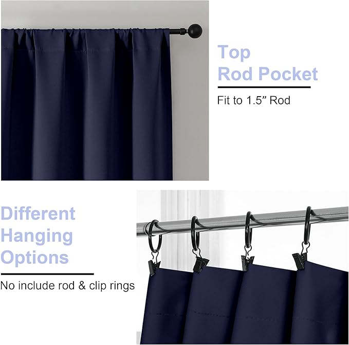 Simplebrand Ava Navy Blue Short Blackout Curtains for Bedroom 45 Inches Long 2 Panels Set, Solid Thermal Insulated, Energy Saving Window Treatment Curtains Blackout Drapes, W40 x L45 Inch, Navy Blue