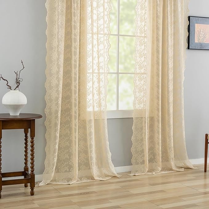 YJ YANJUN Vintage Lace Curtains 132 Inches Long-Victorian Floral Fancy Beige Sheer Curtain Panels for Living Room Bedroom,Light Filtering, Boho 70s Grandma Core Decor 2 Panels 52W x 132L