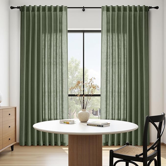 Nanspring Olive Green Linen Sheer Curtains 90 Inch Length 2 Panel Set Back Tab Rod Pocket Semi Sheer Light Filtering Breathability Elegance Modern Design for Bathroom Living Room 60x90