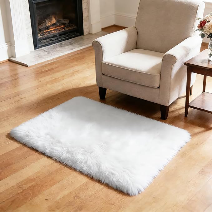 2x3 Fluffy Area Rugs for Bedroom Living Room,Small Soft Shag Fuzzy Rug Non-Shedding Indoor Plush Carpet for Kids Bedroom Nursery Dorm Home Decor,White
